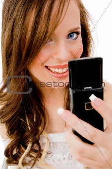close view of woman holding mobile