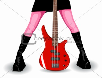 Vector illustration of red bass guitar and female legs 