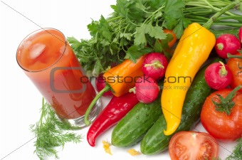Fresh vegetables and glass of tomato juice