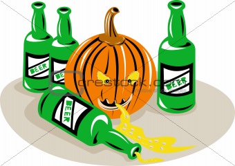 Halloween pumpkin and beer bottles