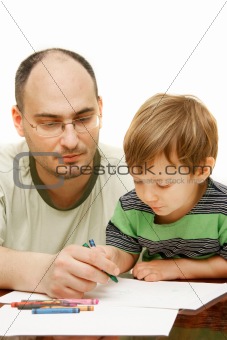 father and son drawing over white