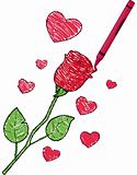 crayon drawn rose and hearts