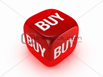translucent red dice with buy sign