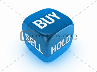 translucent blue dice with buy, sell, hold sign