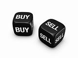 pair of black dice with buy, sell sign