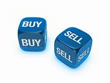 pair of translucent blue dice with buy, sell sign