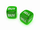 pair of translucent green dice with buy, sell sign