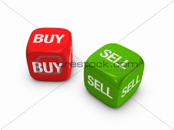 pair of red and green dice with buy, sell sign
