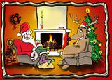Santa and reindeer by the fire