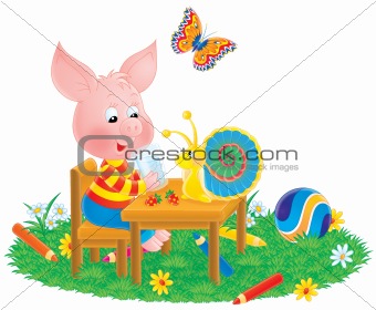 Piglet, snail and butterfly