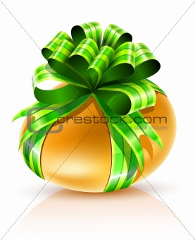 gold easter egg with green ribbon isolated