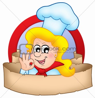 Cartoon chef woman logo with banner