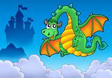 Flying green dragon with castle