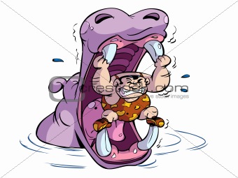Wrestler in mouth of hippo