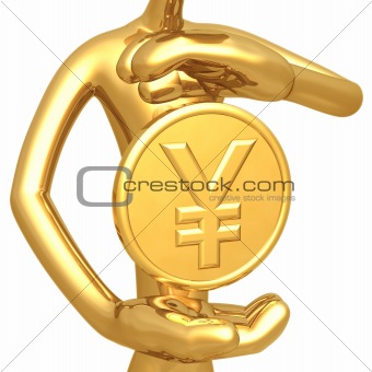 Gold Yen Coin Hovering Between Hands