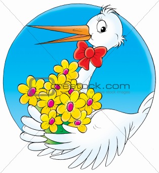 White stork with flowers