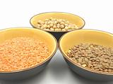 Three bowls of ceramic with garbanzos lentils and red lentils