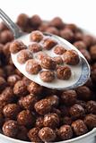 spoon full of chocolate balls and milk isolated