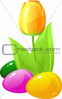 Yellow tulip and colored eggs