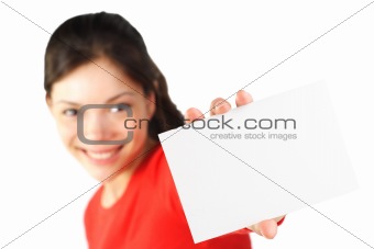 beautiful woman holding blank card 