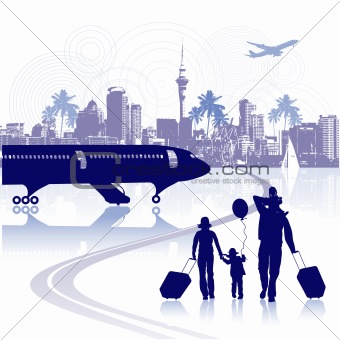 Happy family in airport, cityscape
