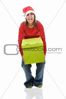 santa woman holding heavy present box