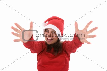 joyful santa woman with arms wide open