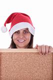 santa woman holding empty frame with copyspace
