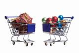 two shopping carts filled with christmas ornaments