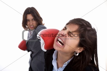 two businesswomen with boxing gloves fighting