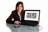 businesswoman showing sales graphic on laptop computer 