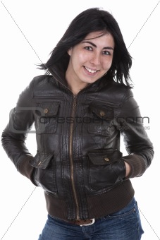 beautiful young woman smiling wearing leather jacket