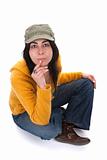 young casual woman with hat and yellow sweater