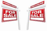 Pair of Foreclosure For Sale Real Estate Signs In Perspective.