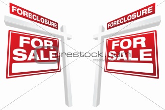 Pair of Foreclosure For Sale Real Estate Signs In Perspective.