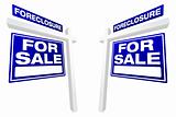 Pair of Blue Foreclosure For Sale Real Estate Signs In Perspective.