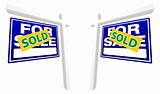 Pair of Blue For Sale Real Estate Signs with Sold in Perspective.