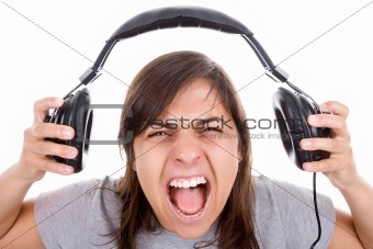 young woman shouting out loud with headphones