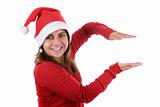 beautiful santa woman in red holding present in her hands