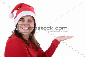 young santa woman in red costume with hand in holding position