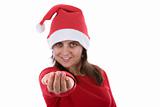 beautiful young santa woman with her hand in holding position