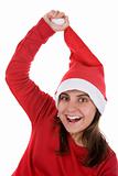 funny santa woman pulling her red hat