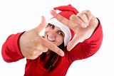 young santa woman in red costume doing a photo frame with her ha