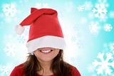 smiling santa woman in red with blue background made of snowflak