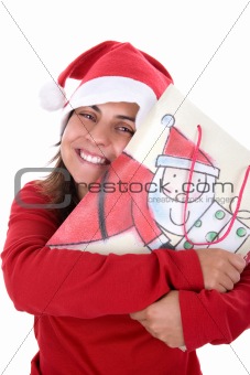happy santa woman holding present bag in her hands
