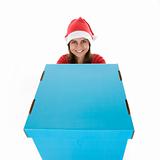 young santa woman holding giant blue present box