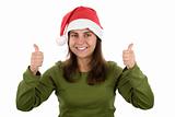 young santa woman celebrating christmas with thumbs up