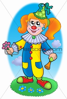 Cartoon clown girl on meadow