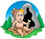 Cartoon prehistoric baby before cave