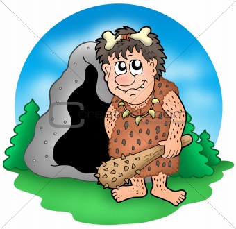Cartoon prehistoric man before cave